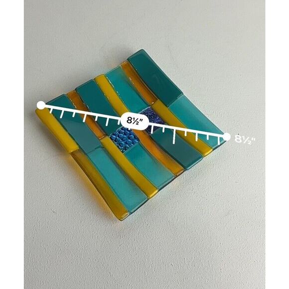 Colorful abstract Pattern Fused Art Glass Trinket Dish Tray 6” square - Picture 6 of 8